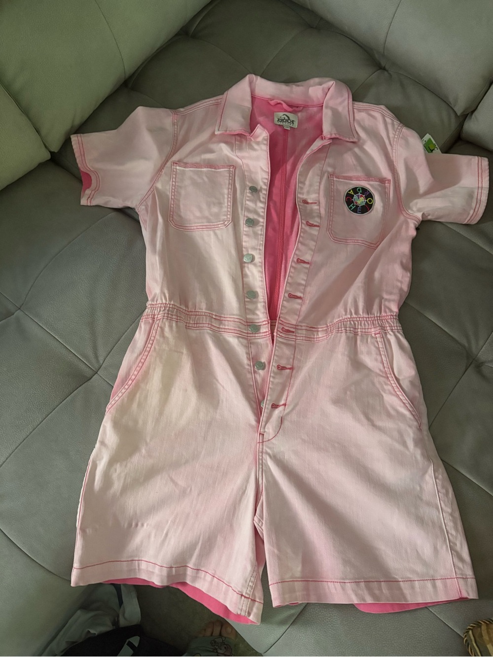 Jordache Pink Short Sleeve Romper with Embroidered Patch